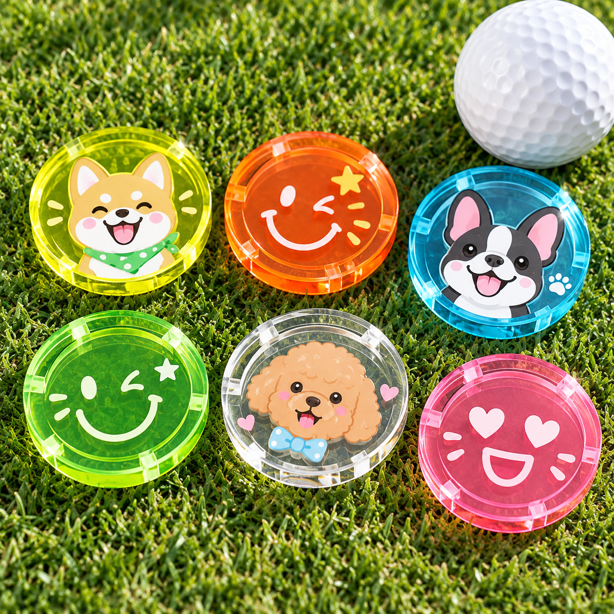犬とスマイリーを描いた完全オリジナルのアクリル製ゴルフボールマーカー