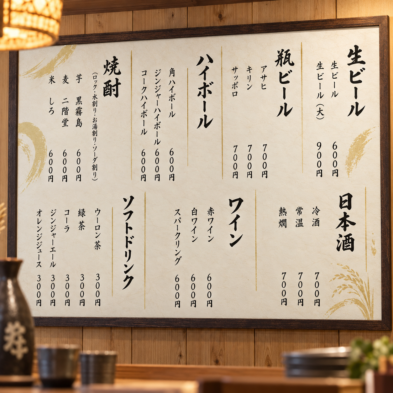 オリジナルデザインの店舗メニュー・卓上メニュー・ドリンクカード